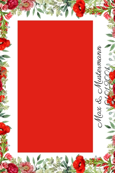 Fotorahmen mit roten Mohnblumen und Rosen, Einzelbild mit Namen und Datum
