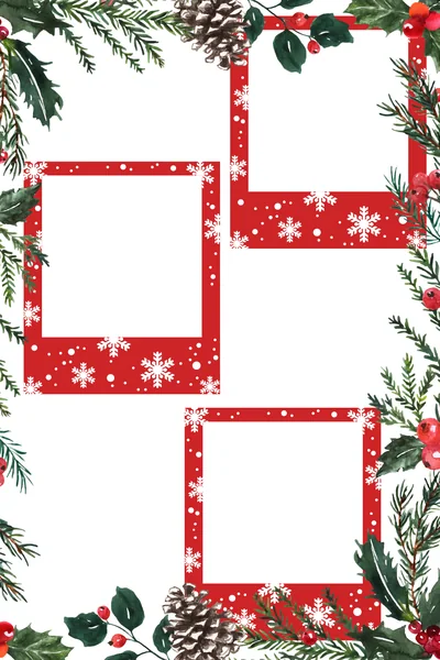 Weihnachtlicher Fotorahmen mit Tannengrün und Schneeflocken, Dreier-Streifen