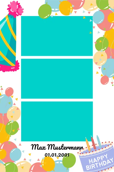 Geburtstags-Fotorahmen mit Luftballons und Torte, Dreier-Streifen
